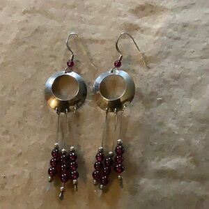 Silver and purple beaded dangling earrings made in Vermont
